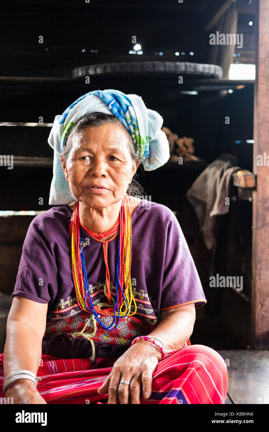 Chiang Mai, Thailand - September 14, 2017: Unidentified elder woman from Karen ethnic hill tribe minority with traditional clothes in Chiang Mai, Thai Stock Photo