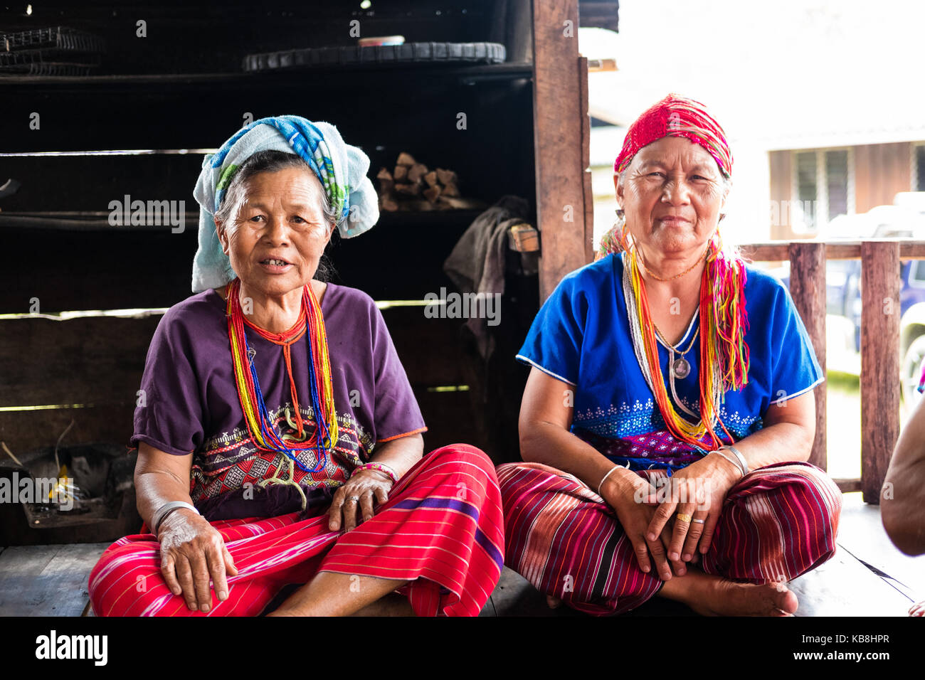 Chiang Mai, Thailand - September 14, 2017: Unidentified elder woman from Karen ethnic hill tribe minority with traditional clothes in Chiang Mai, Thai Stock Photo