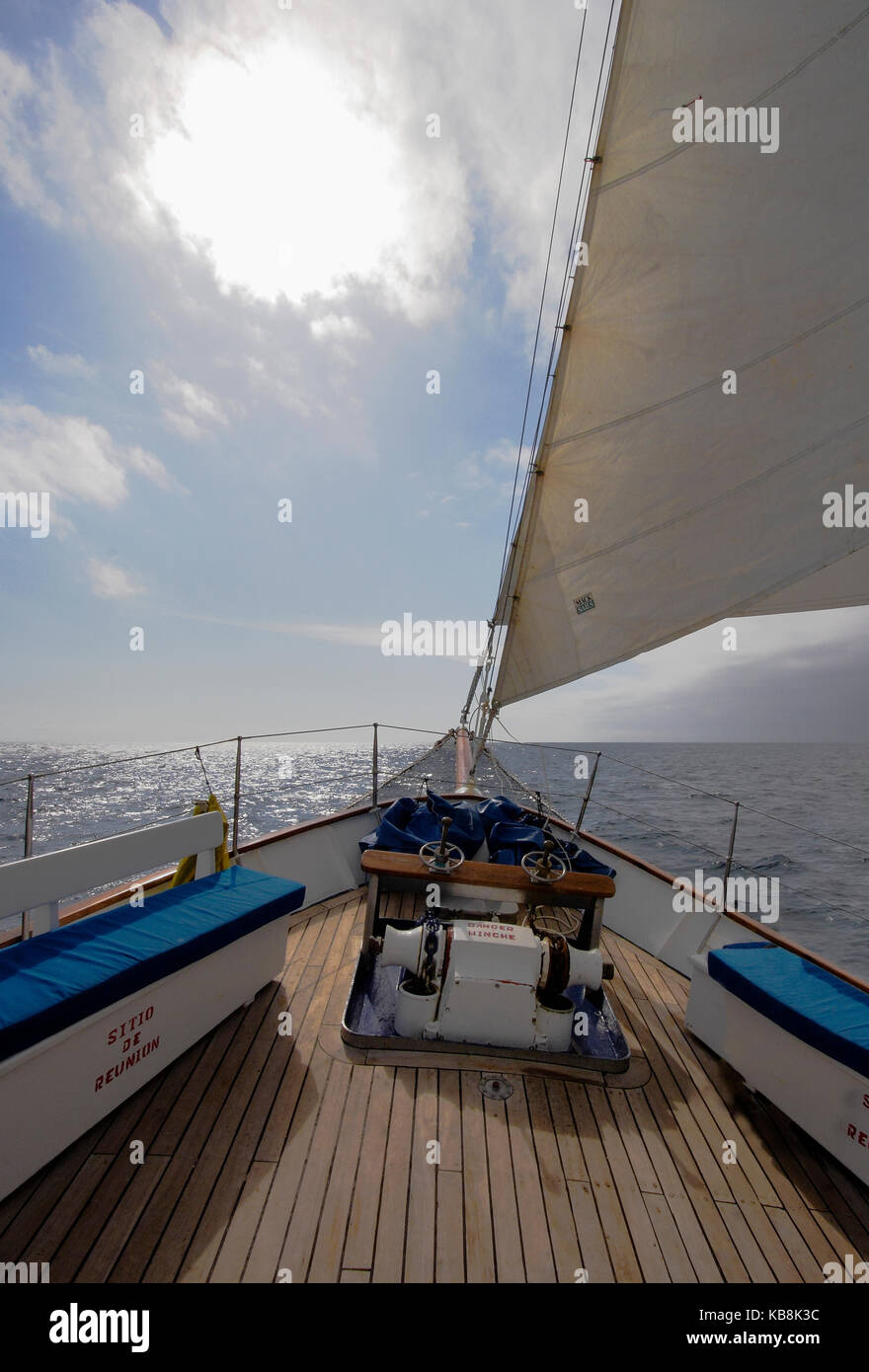 Sailing by boat through Galapagos Islands Stock Photo Alamy