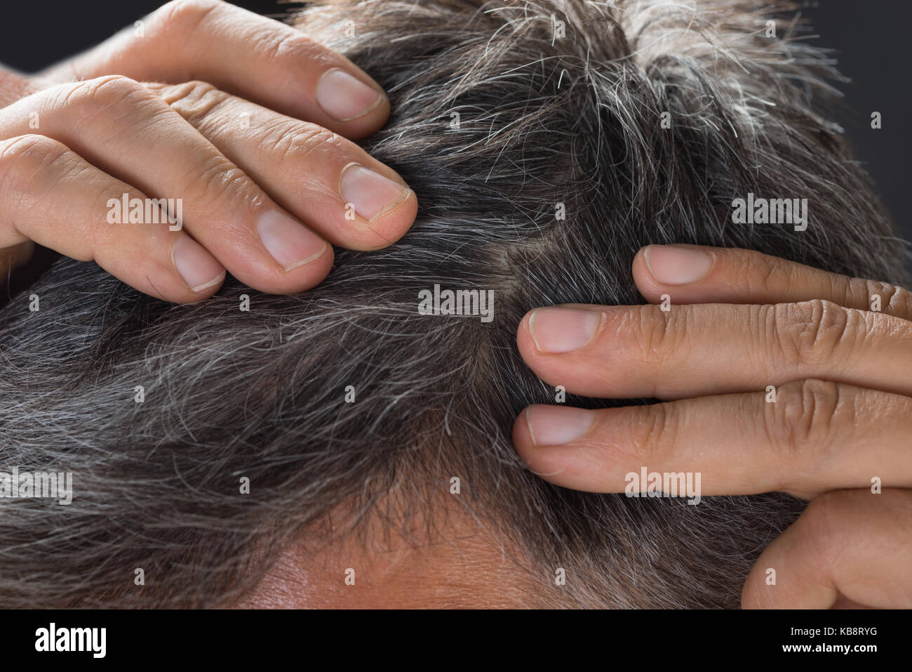 Close-up of man examining his white hair Stock Photo