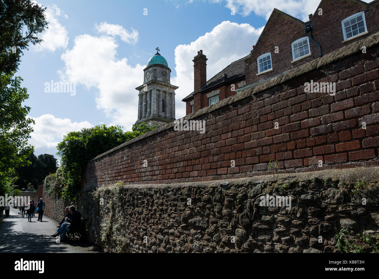 The Castle Walk in Bridgnorth, Shropshire, UK, with the clock tower of