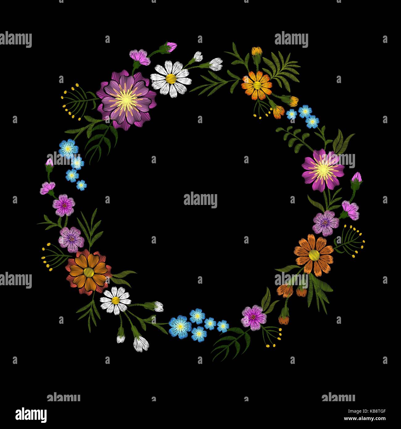 Floral blue violet daisy embroidery round arrangement. Vintage Victorian flower ornament fashion textile decoration. Stitch texture vector illustration Stock Vector