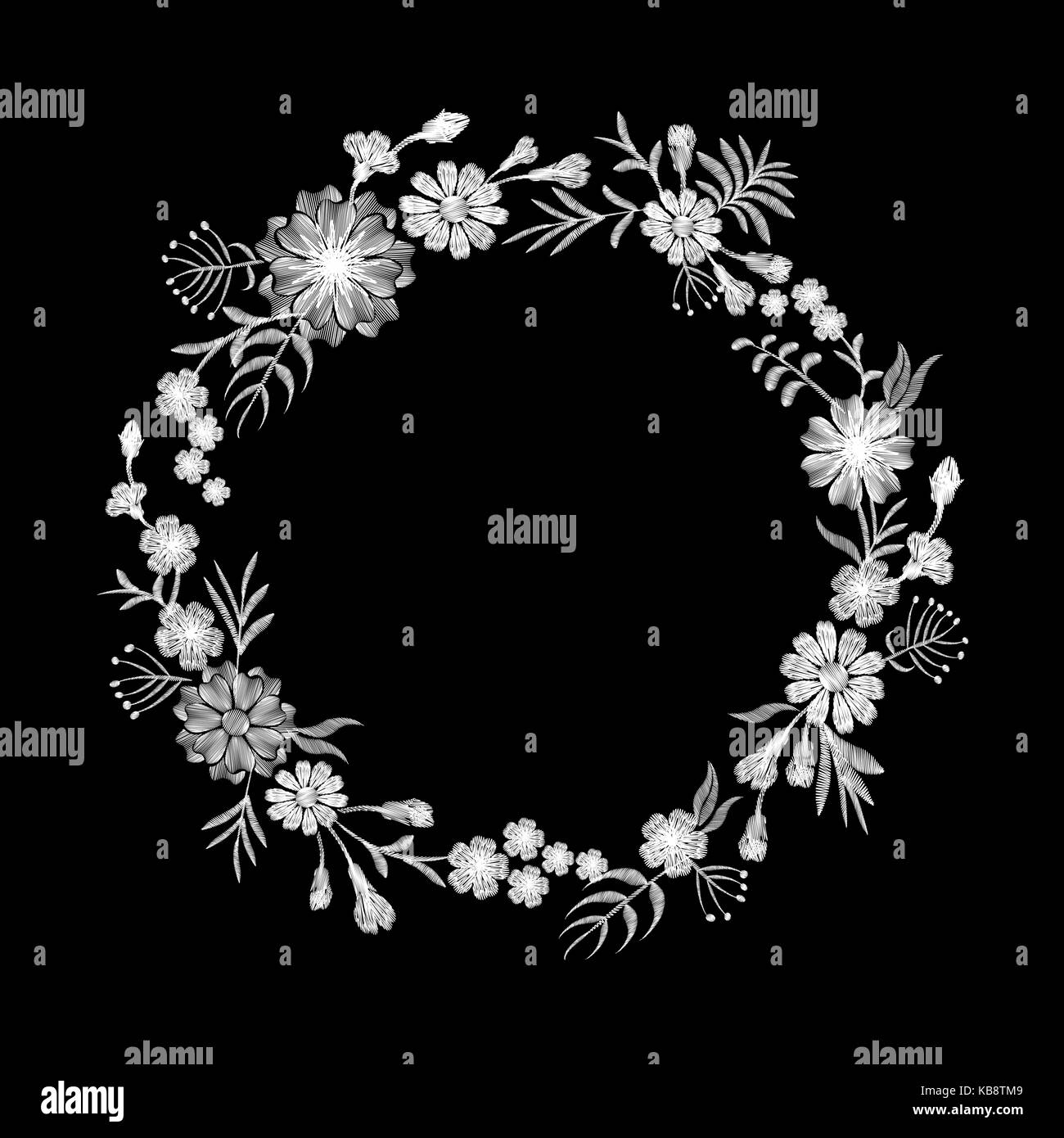 Floral black white daisy embroidery round arrangement. Vintage Victorian flower ornament fashion textile decoration. Stitch texture vector illustration Stock Vector