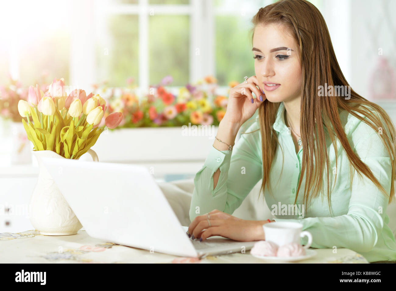 young woman looking at laptop Stock Photo