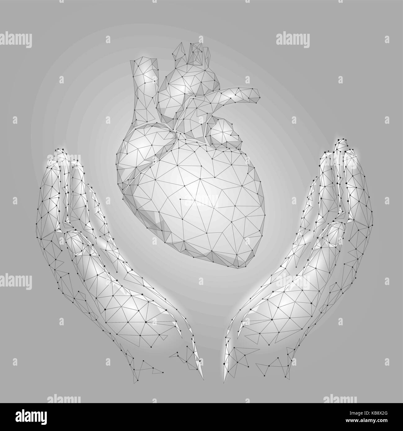 Hands holding support human heart. Medicine cardiology health help man concept. Low poly gray white connected dots triangle future technology design background vector illustration Stock Vector