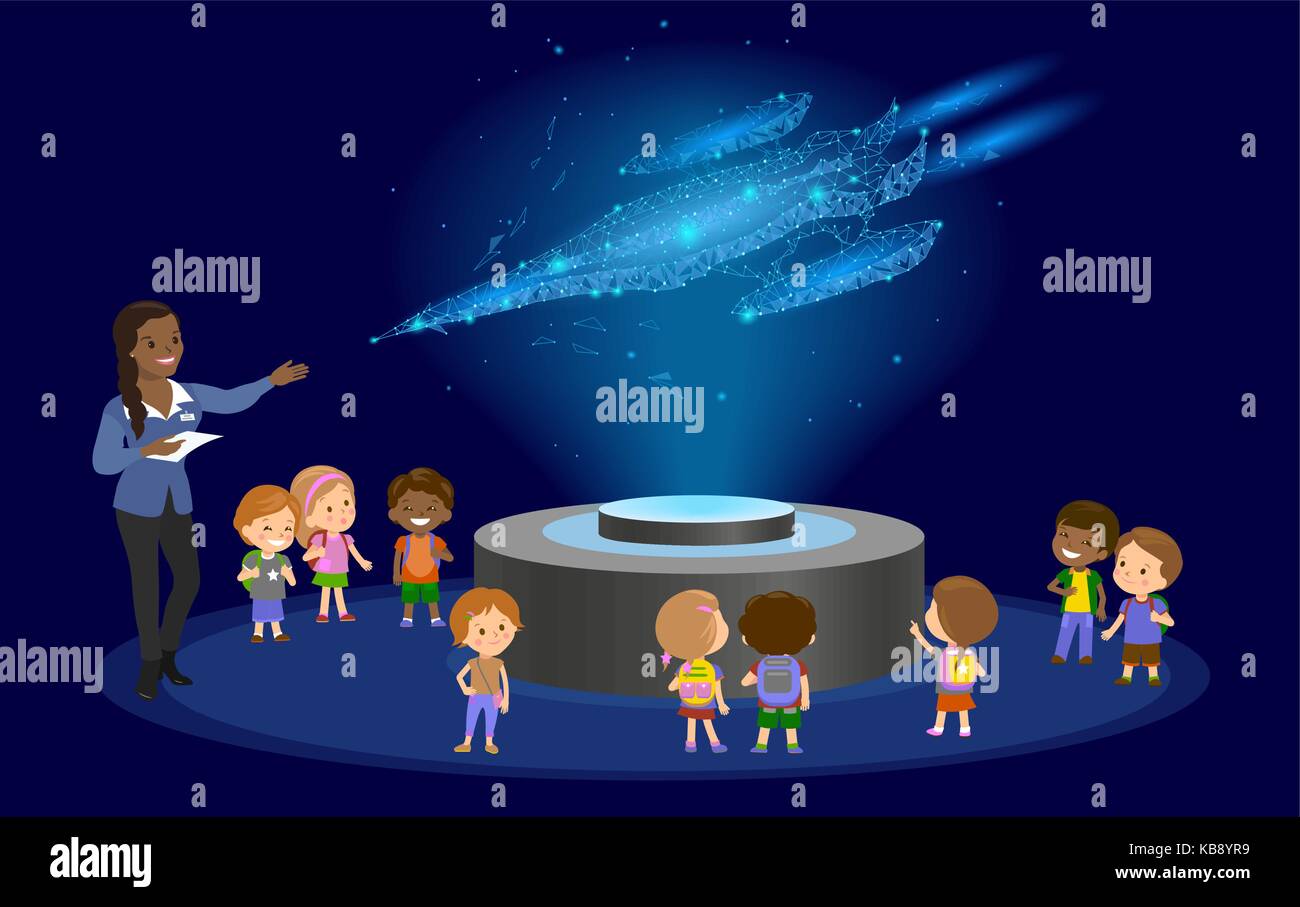 Innovation education elementary school african brown skin black hair group of kids planetarium science spaceship hologram on space future museum center. vector illustration. Stock Vector