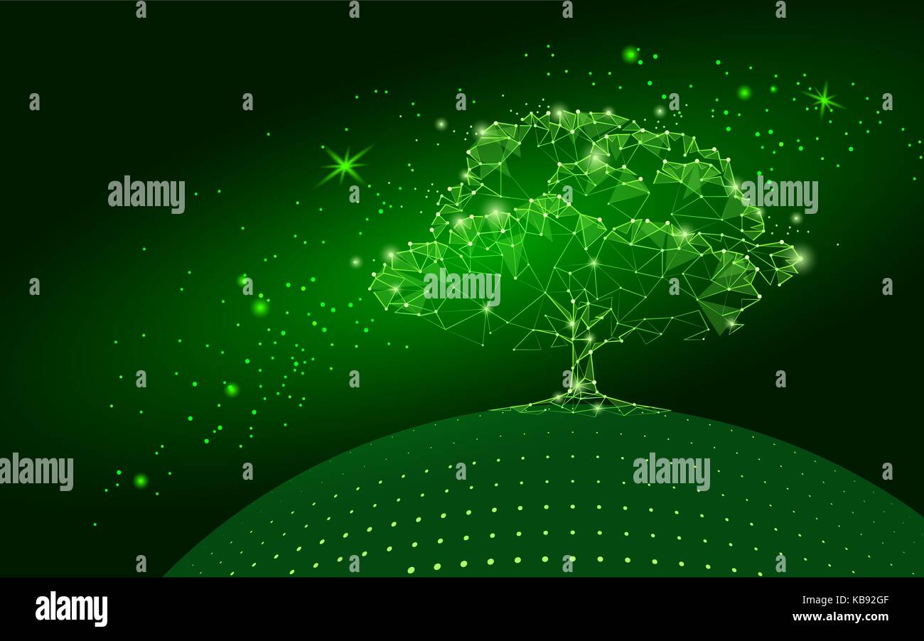 Polygonal tree on dark green sky background. Abstract Earth eco globe concept. Connected dot line point art life root vector illustration Stock Vector
