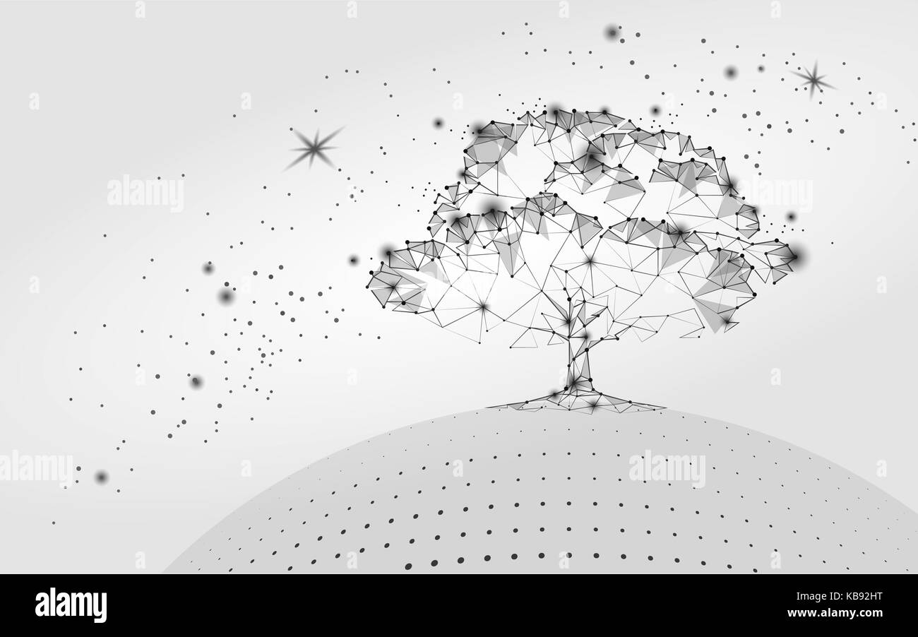 Polygonal tree gray white sky background. Abstract Earth eco globe concept. Connected dot line point art life root vector illustration Stock Vector