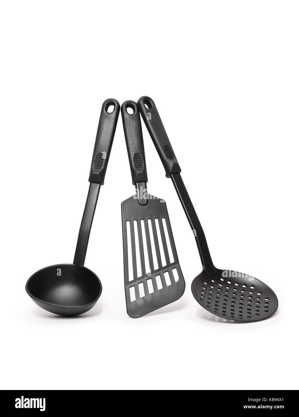 Set of black modern kitchen utensil standing on white background Stock Photo