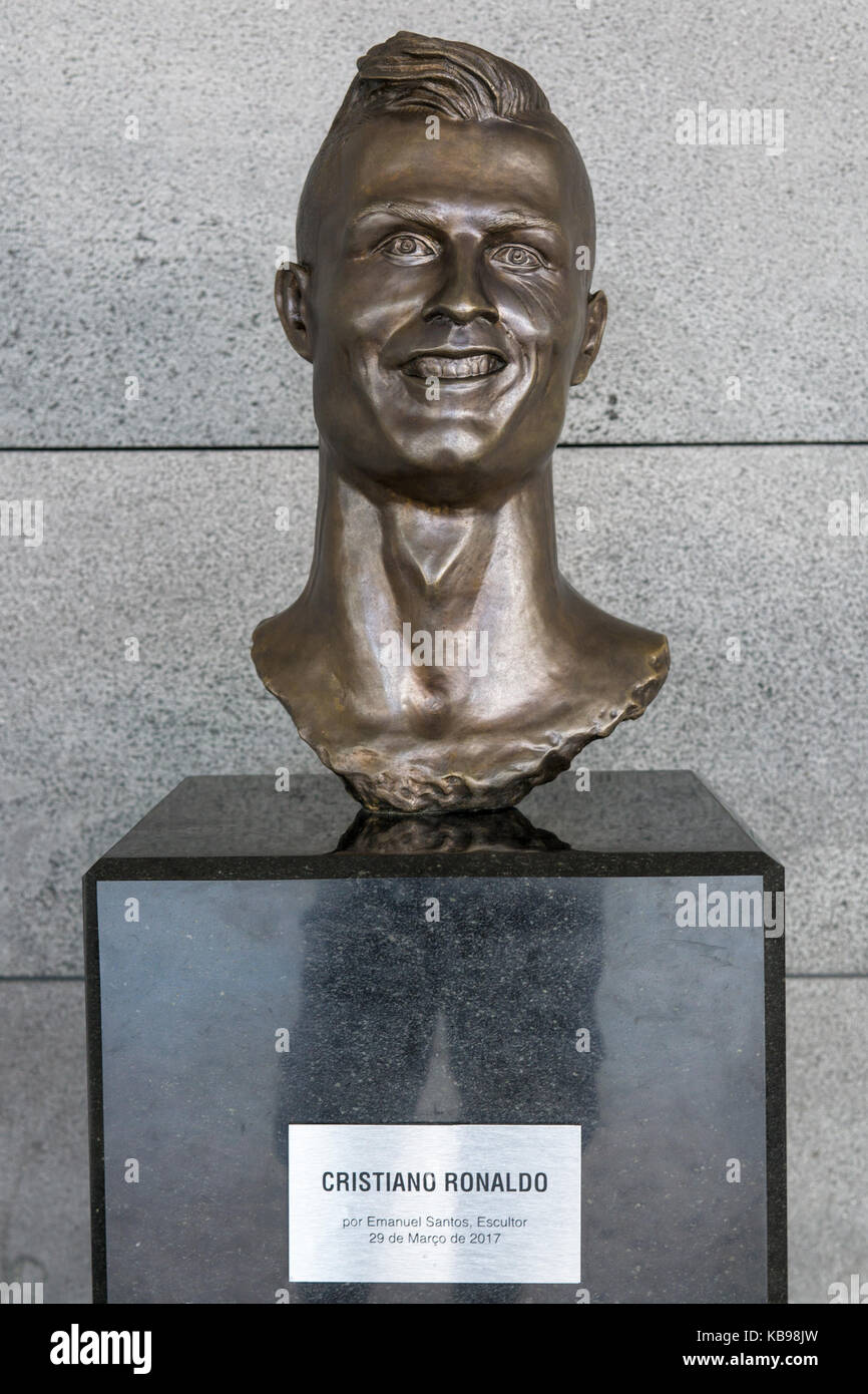 FUNCHAL, MADEIRA, PORTUGAL - APRIL 27, 2017: The bust of Christiano Ronaldo at 'Cristiano Ronaldo Madeira International Airport' in Funchal, Madeira. Stock Photo