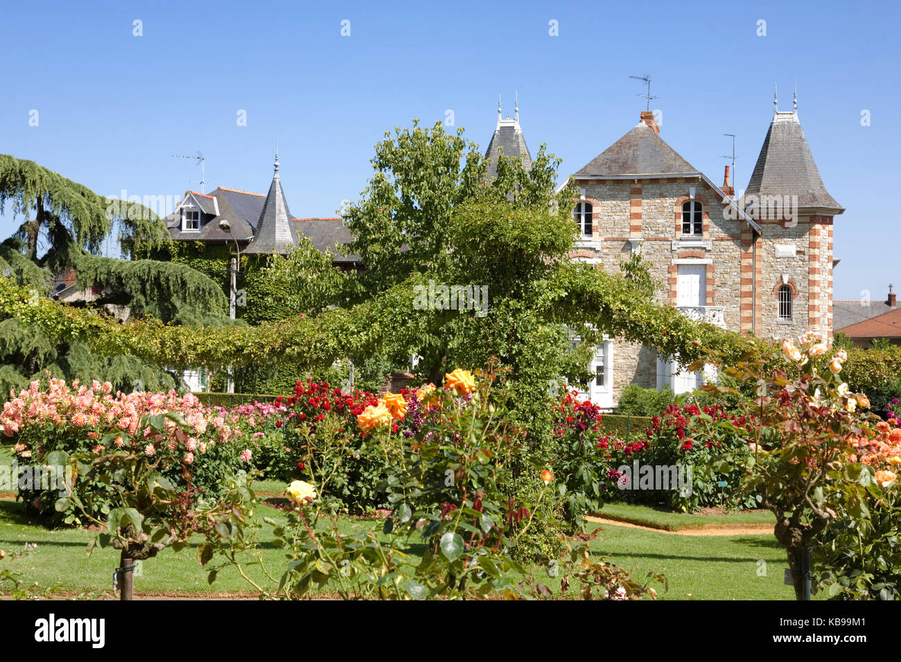 The rose gardens in theJardins du Thabor, Rennes, Brittany, France, with  beautiful slate-roofed houses in the Boulevard de la Duchesse Anne beyond  Stock Photo - Alamy