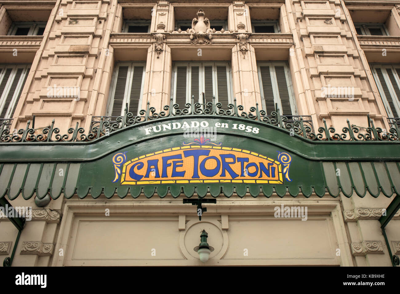 The ensign at the entrance of the historical 'Cafe Tortoni' on Avenida de Mayo. Buenos Aires, Argentina. Stock Photo