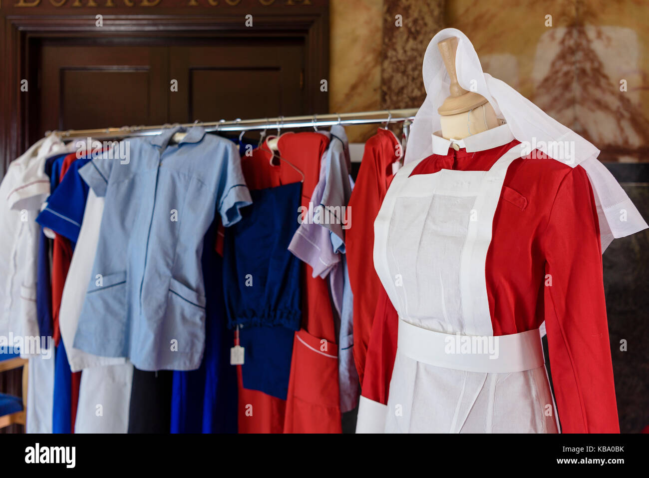 Old fashioned nursing uniforms, ranging from the Victorian era at the Royal Victoria Hospital, Belfast. Stock Photo