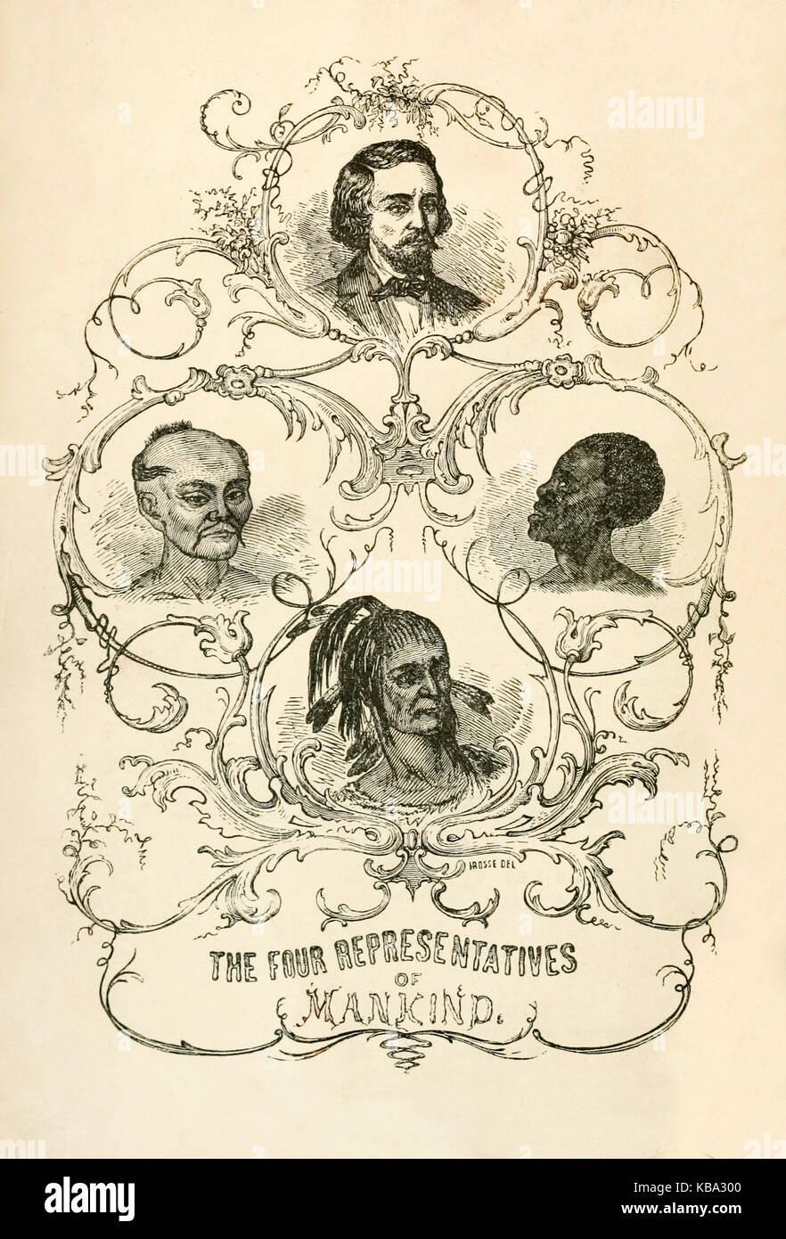 ‘The Four Representatives of Mankind’ frontispiece illustration from ‘Bible Defence of Slavery; or the Origin, History, and Fortunes of the Negro Race…’ by Josiah Priest (1788–1861). Originally published in 1843 under the title ‘Slavery, As It Relates to the Negro’ the book was revised many times in the 1850s as pro-slavery and abolitionists writers battled it out before the American Civil War 1861-65 lead to 4 million slaves being given their freedom. See more information below. Stock Photo