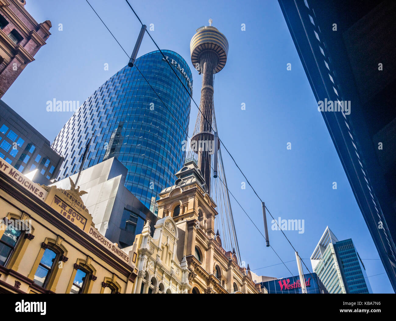 Australia, New South Wales, Sydney, view of Sydney Tower from Pitt Street, with 309 metres Sydney's tallest structure Stock Photo