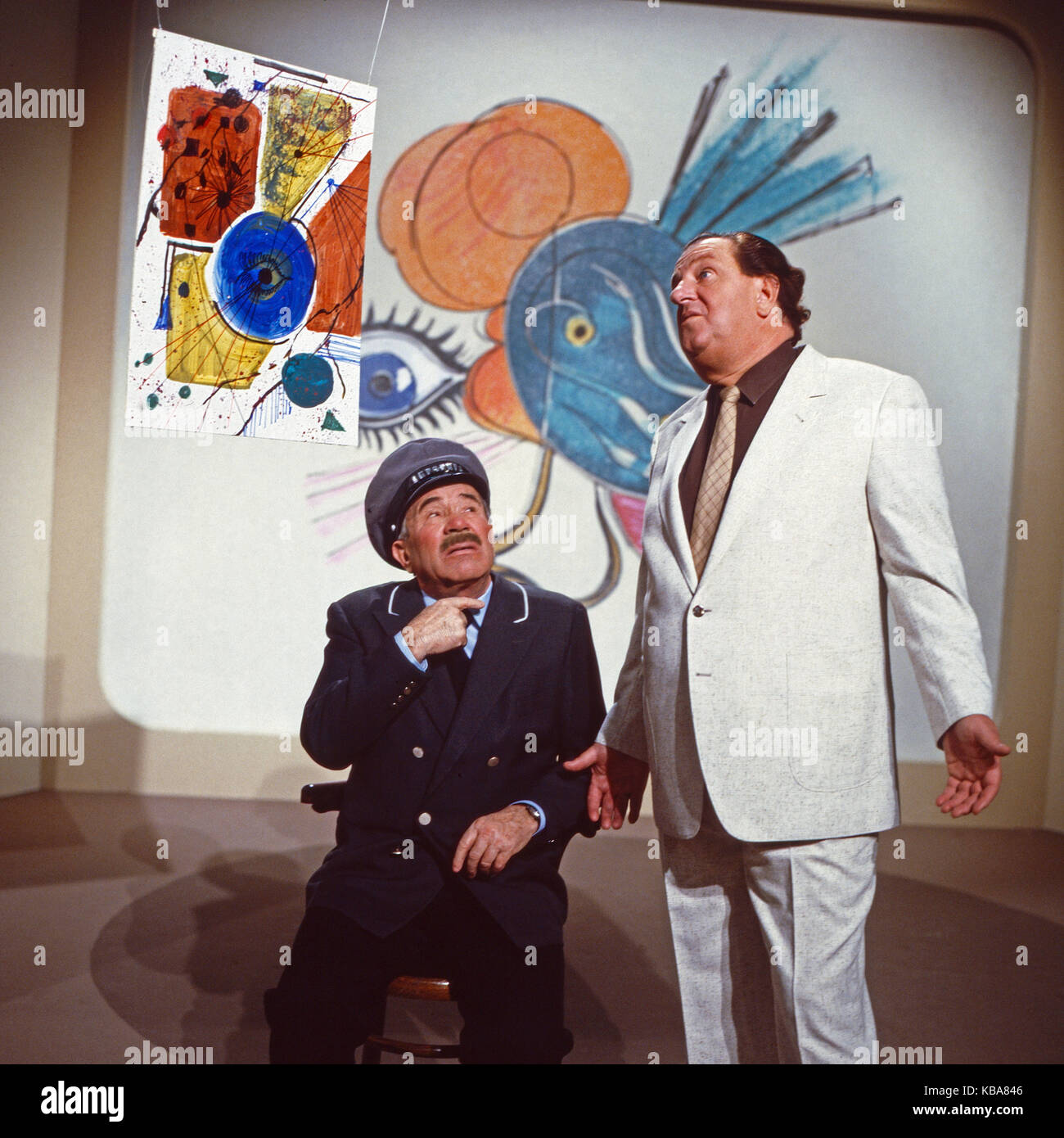 Ein Wort aus Musik, musikalische Comedyserie, Deutschland 1982, Mitwrikende: Moderator Heinz Eckner (rechts) und Gaststar Franz Muxeneder Stock Photo