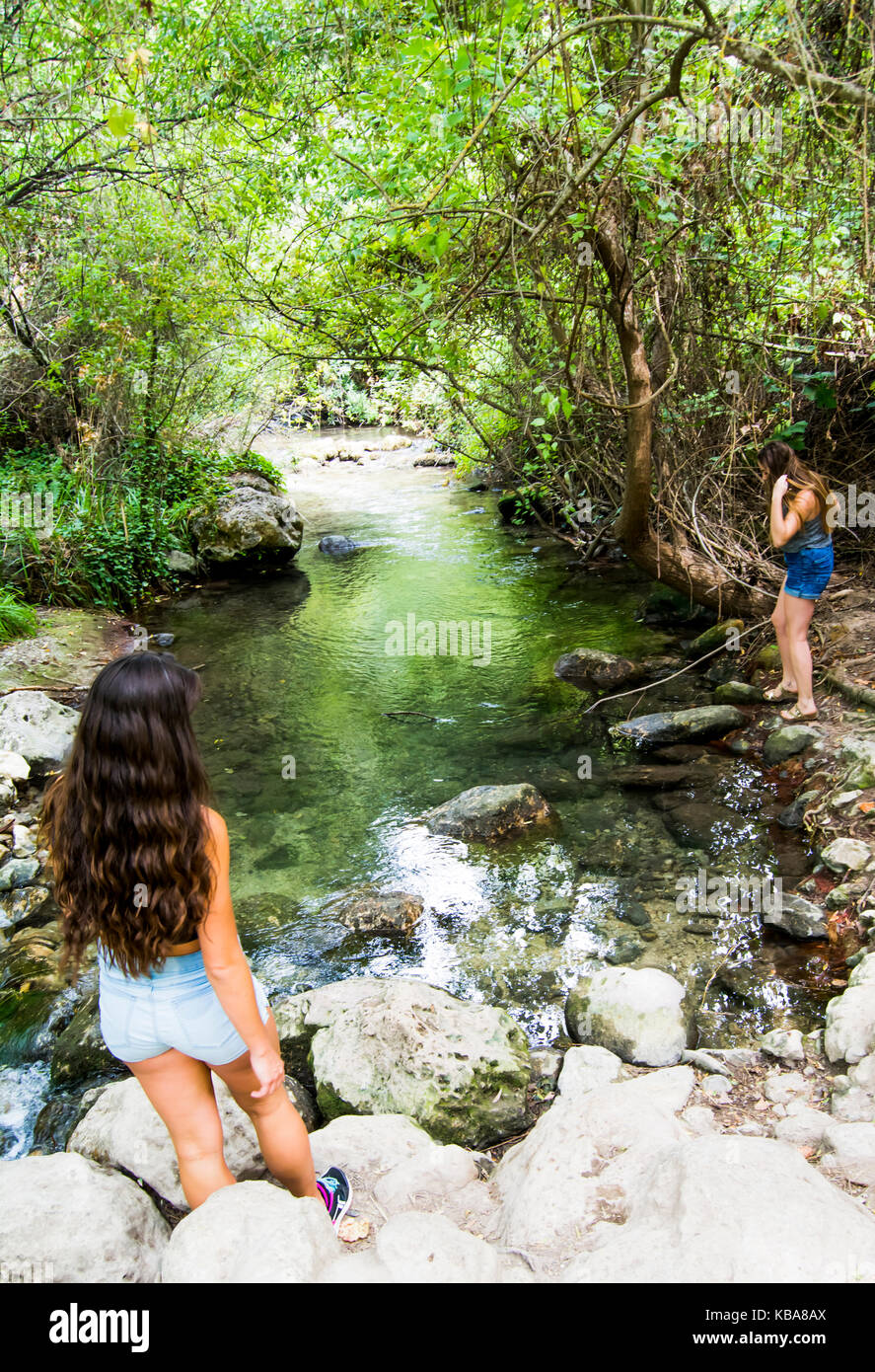 Two beautiful women in nature on the bank of a mountain river Stock ...