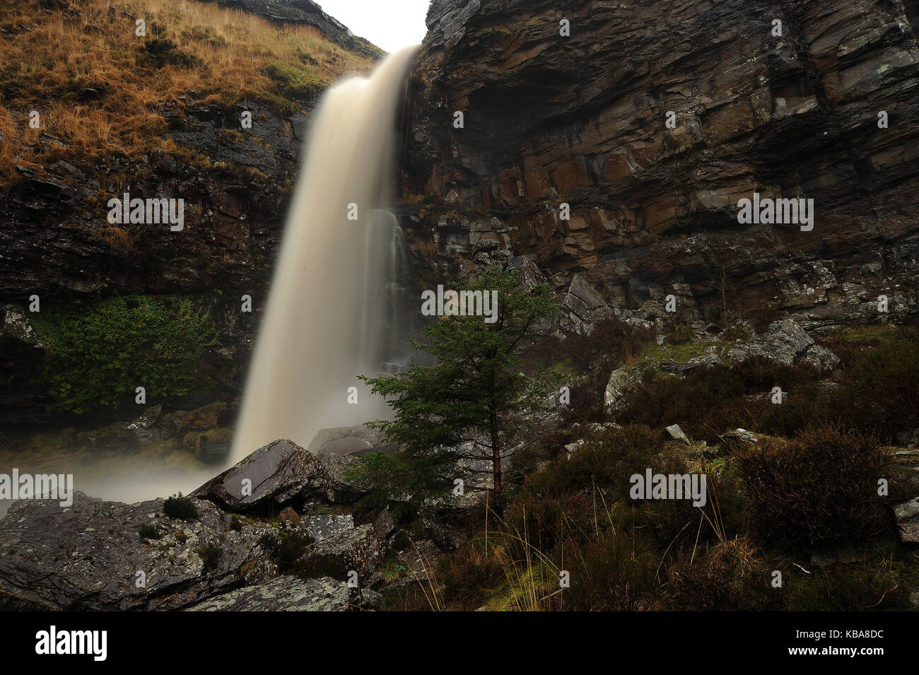 Main waterfall on Nant Lluest. Blaencwm, Treherbert. Stock Photo