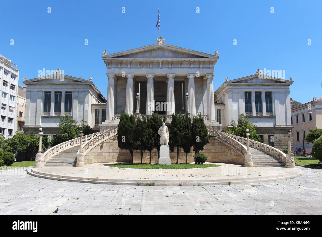 Main building of Athens National Library with Greek flag on roof Stock Photo