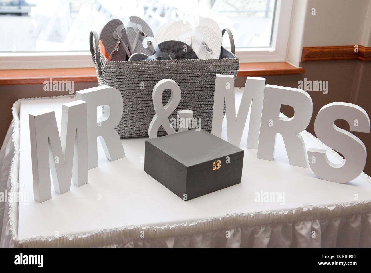 Wooden blocks with letters signifying wedding or marriage, with box and