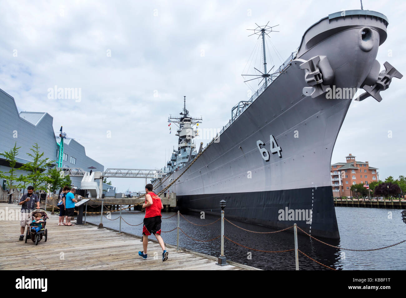 Norfolk Virginia,Elizabeth River water,Downtown,waterfront,Naticus,maritime museum,historic battleship,USS Wisconsin BB-64,anchors,front,bow,visitors Stock Photo