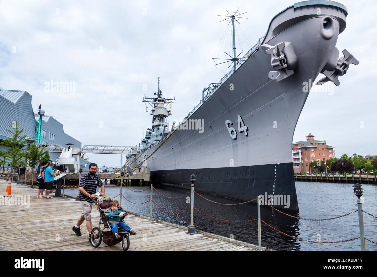 Norfolk Virginia,Elizabeth River,Downtown,waterfront,Naticus,maritime museum,historic battleship,USS Wisconsin BB-64,anchors,front,bow,VA170521026 Stock Photo