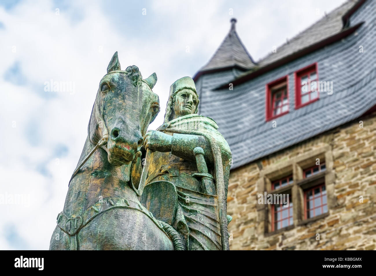 Monument honoring Count Engelbert II of Berg by German sculptor Paul Wynand on the grounds of Burg Castle (Schloss Burg) in Burg an der Wupper, Soling Stock Photo