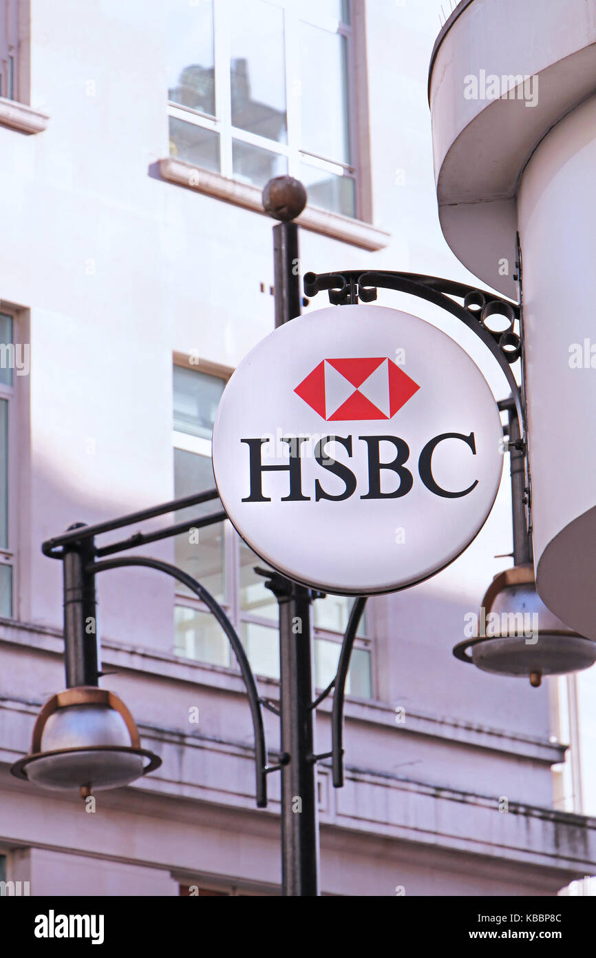 LONDON, UNITED KINGDOM - FEBRUARY 08, 2015: HSBC bank logo on Oxford Street in London. HSBC Holdings plc was founded in London in 1991 by the Hongkong Stock Photo