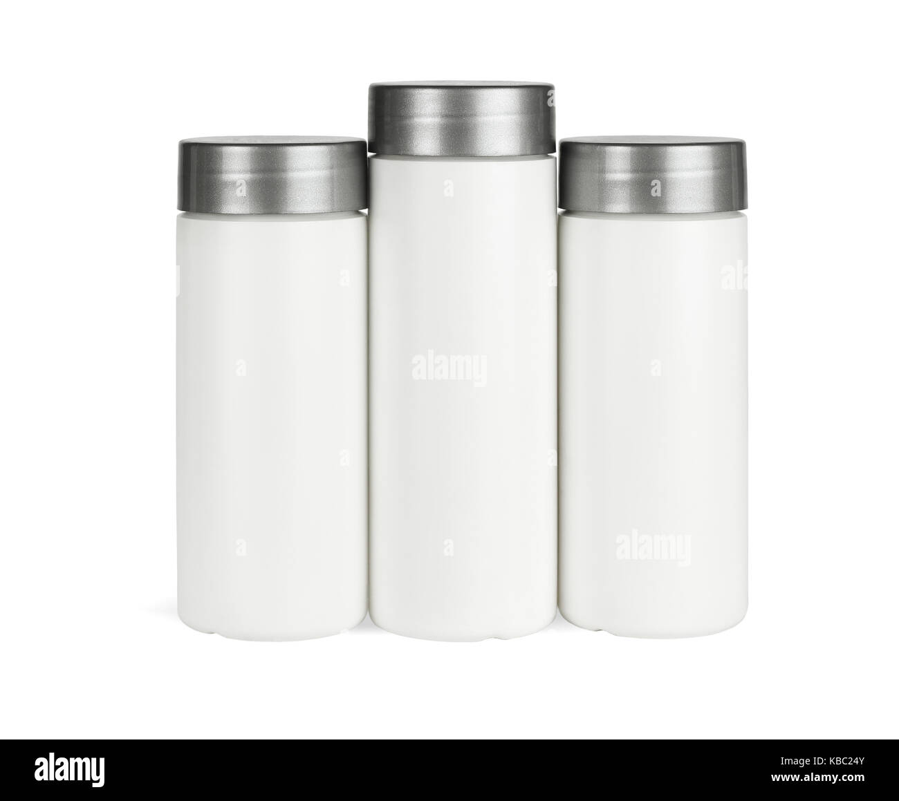 Row of Three Plastic Containers on White Background Stock Photo