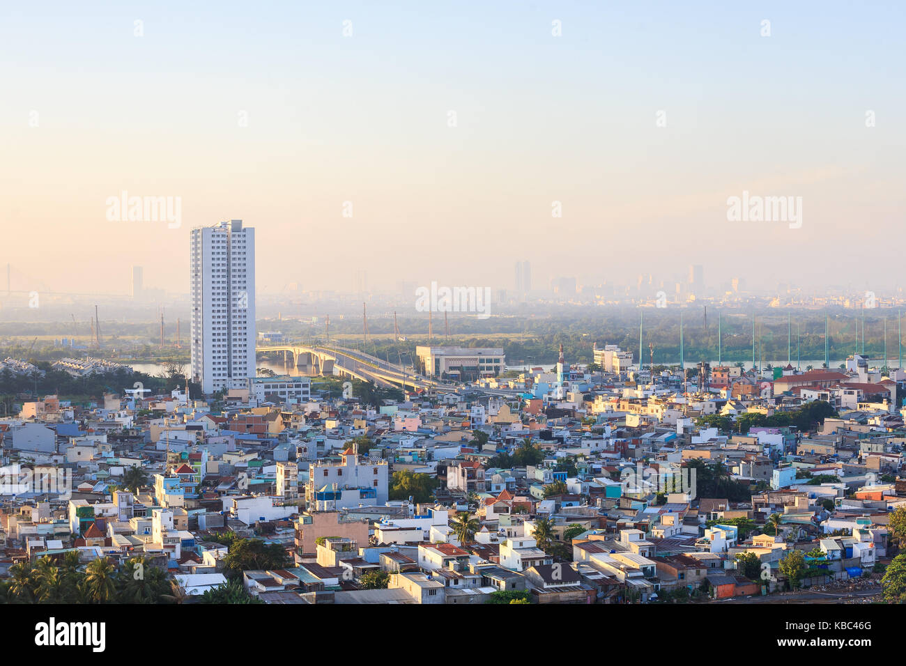 Panoramic view of Ho Chi Minh city (or Saigon) in sunrise, Vietnam. Ho Chi Minh city is the largest city and economic center in Vietnam. Stock Photo