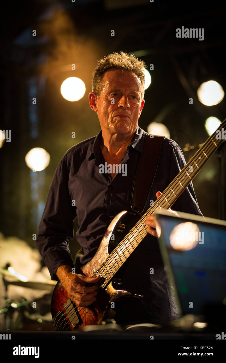 The English musician, composer and record producer John Paul Jones performs a live concert with the Norwegian band Supersilent at the Norwegian music festival Øyafestivalen 2013. John Paul Jones is known as the bassist of the English rock band Led Zeppelin. Norway, 09/08 2013. Stock Photo