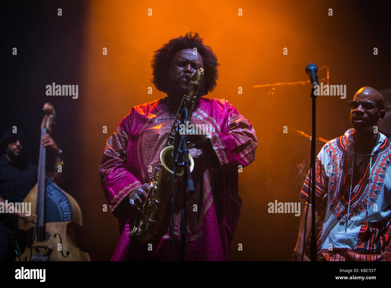 The American saxophonist and jazz musician Kamasi Washington performs a live concert at the