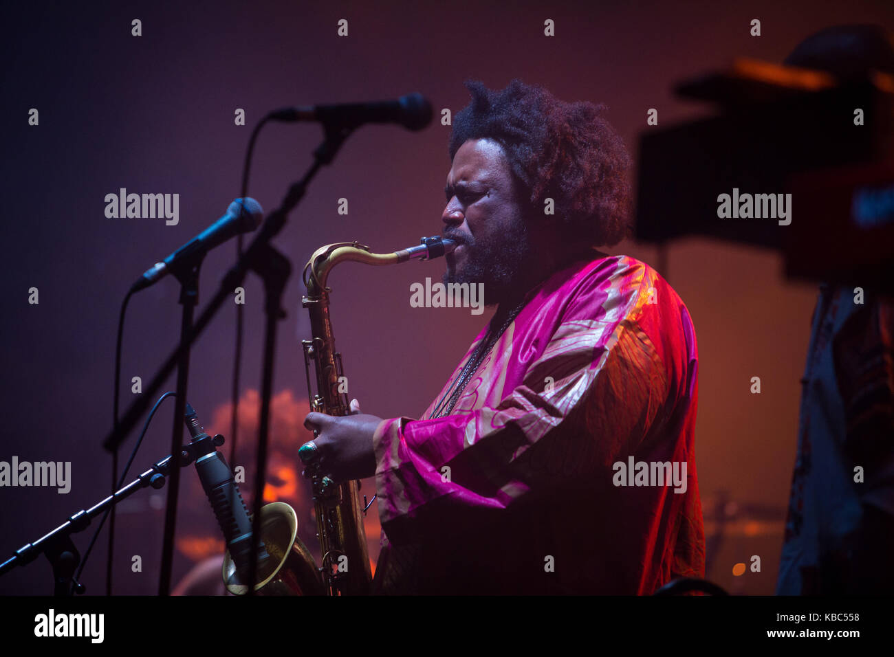 The American saxophonist and jazz musician Kamasi Washington performs a live concert at the