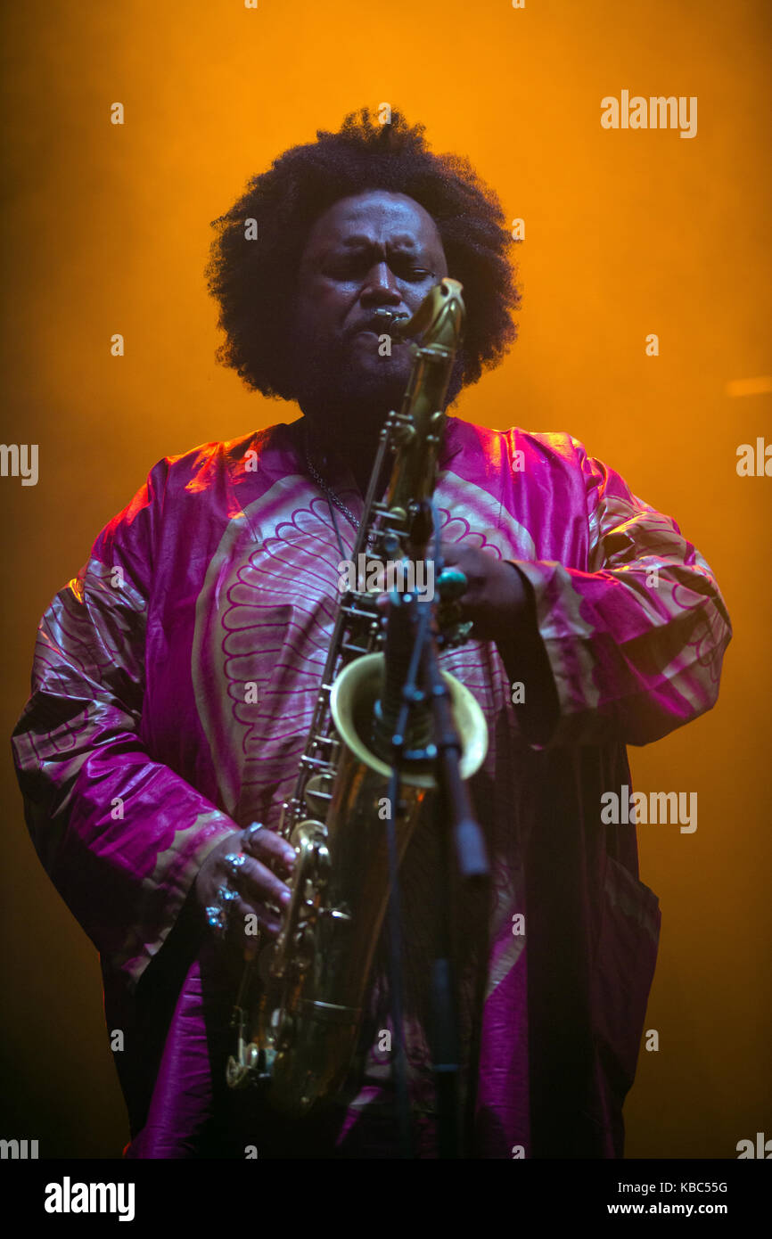 The American saxophonist and jazz musician Kamasi Washington performs a live concert at the