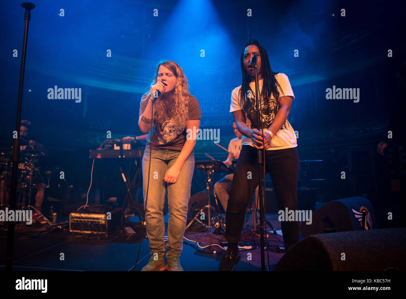 The English rapper, poet and spoken word artist Kate Tempest (L) performs a live concert at Dutch showcase festival and music conference Eurosonic Festival 2015. Netherlands, 16/01 2015. Stock Photo