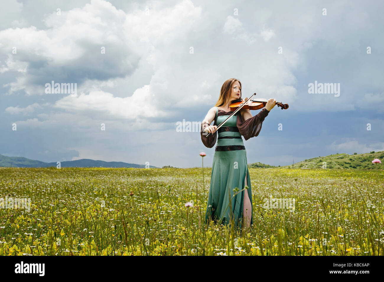 Beautiful female viola player on a wildflower meadow Stock Photo