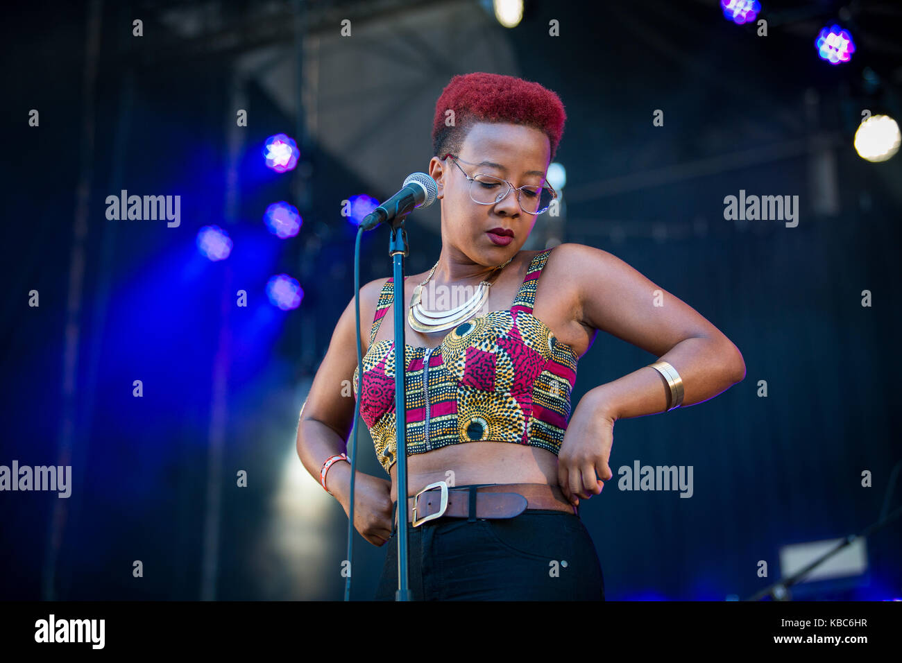 The Norwegian soul and jazz singer Miss Tati originates from Angola and Portugal before she ended up in Bergen where she is known as “Norway’s sassy soul mistress”. Here she performs a live concert at the Norwegian music festival Øyafestivalen 2015. Norway, 15/08 2015. Stock Photo