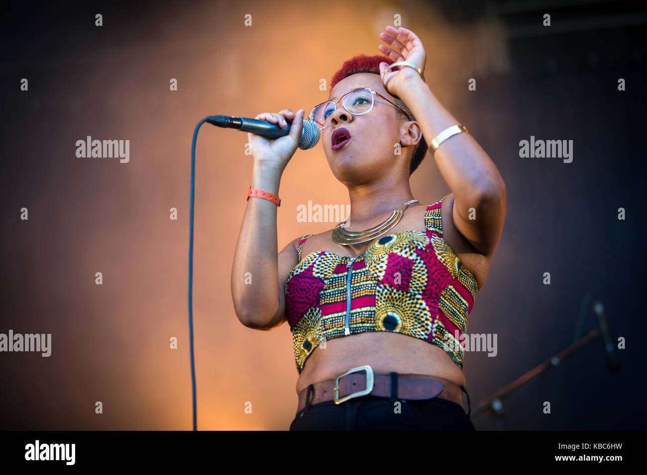 The Norwegian soul and jazz singer Miss Tati originates from Angola and Portugal before she ended up in Bergen where she is known as “Norway’s sassy soul mistress”. Here she performs a live concert at the Norwegian music festival Øyafestivalen 2015. Norway, 15/08 2015. Stock Photo