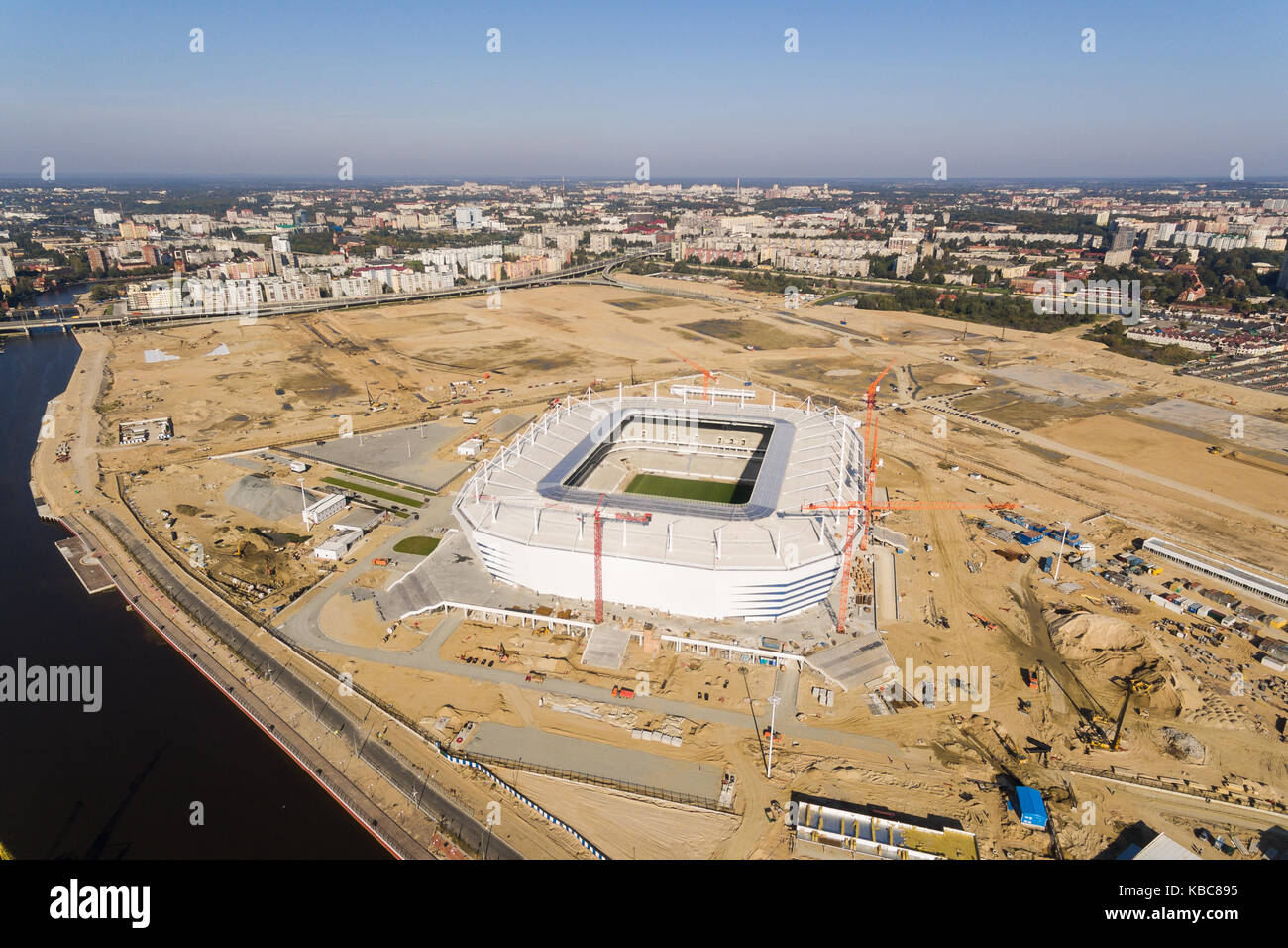 Kaliningrad, Russia - September 29 2017: The construction of the new stadium for the Soccer World Cup 2018, aerial view Stock Photo