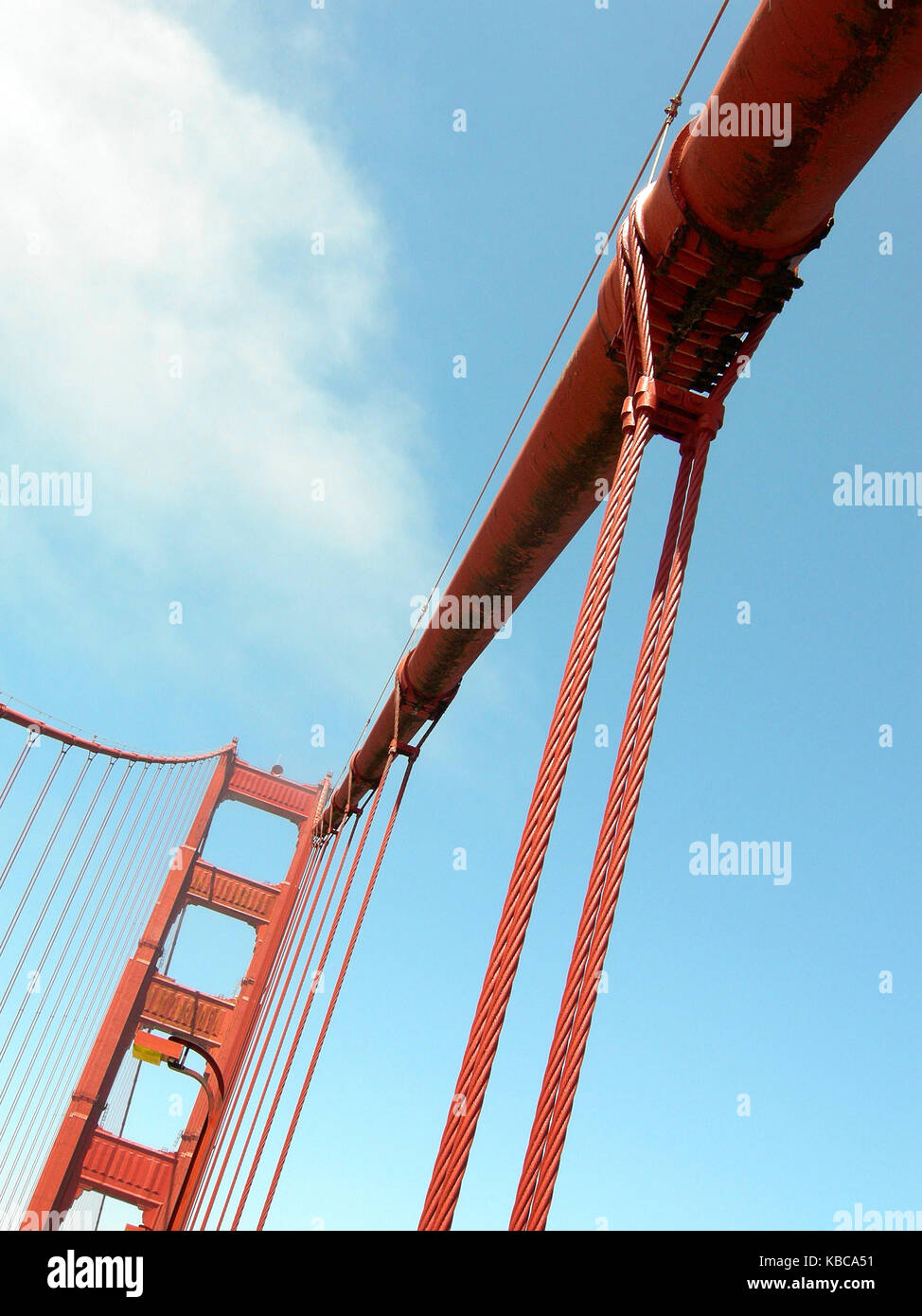 Red cables of the famous golden gate bridge in San Francisco with blue