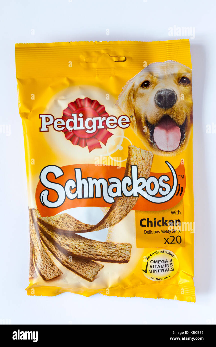 Packet of Pedigree Schmackos with chicken 20 delicious meaty strips isolated on white background Stock Photo