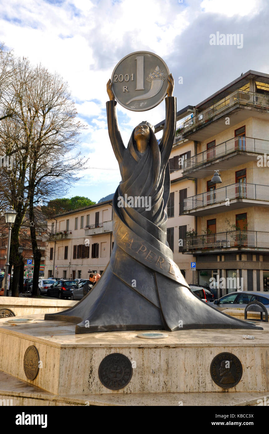 The statue of Lira, erected in Rieti in memory of old Italian currency. Location: P. Cavour, Rieti, Italy. Photo taken on 6 december 2014. Stock Photo