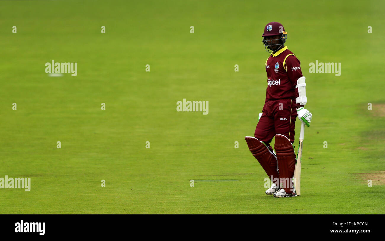 West Indies' Jason Mohammed walks off after being dismissed during the fifth Royal London One Day International at the Ageas Bowl, Southampton. Stock Photo