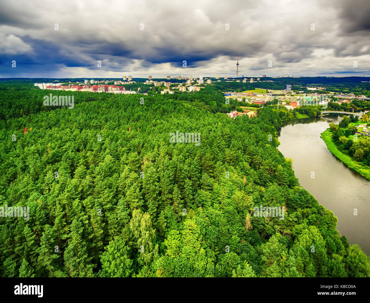 Vilnius, Lithuania: aerial UAV top view of Neris river and park in Bukciai in the summer Stock Photo