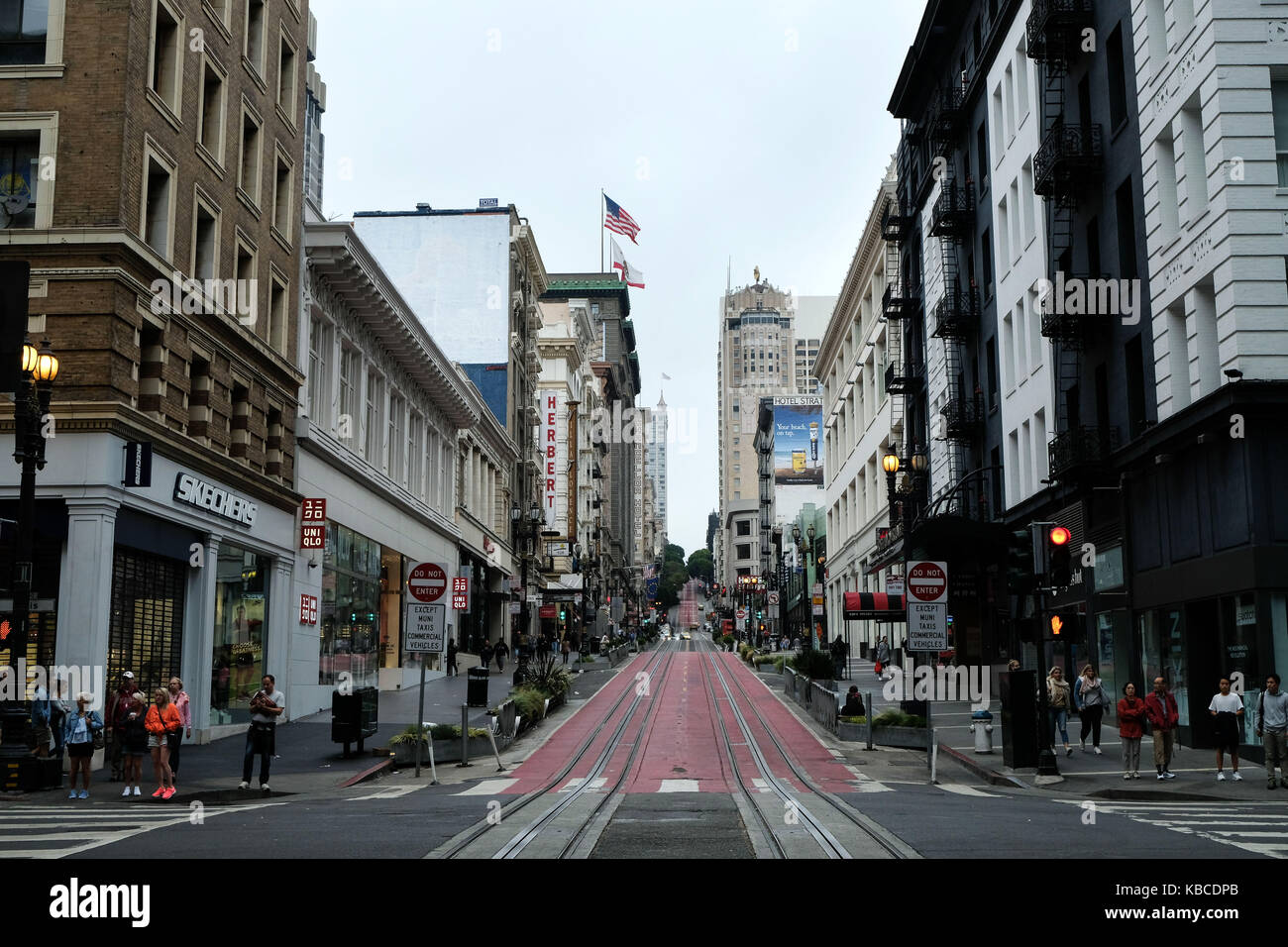 The from the bottom of Geary Street in downtown San Francisco, California, USA. Stock Photo
