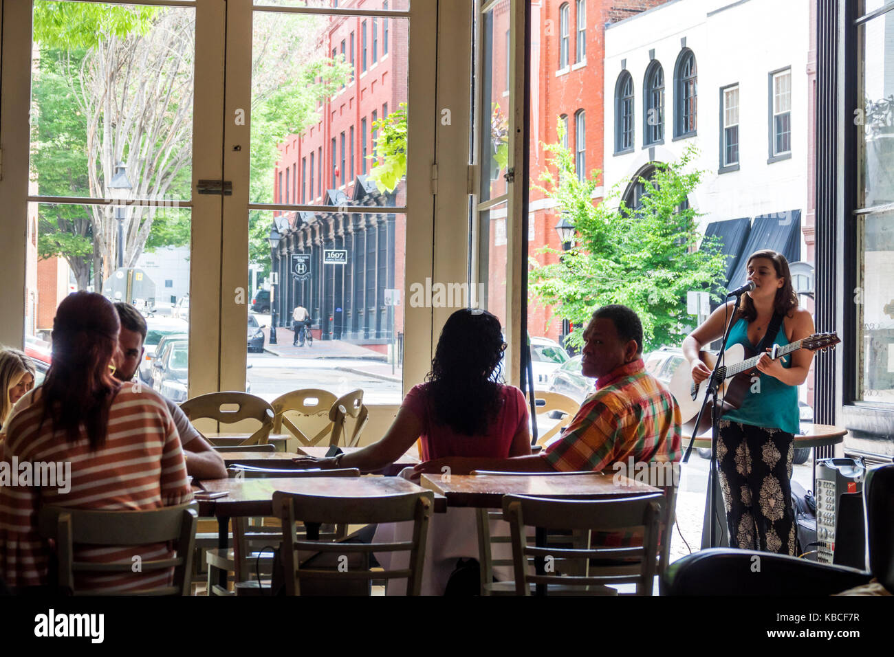 Richmond Virginia,Shockoe Slip district,Urban Farmhouse Market & Cafe,restaurant restaurants food dining cafe cafes,coffeehouse,dining,musician,playin Stock Photo