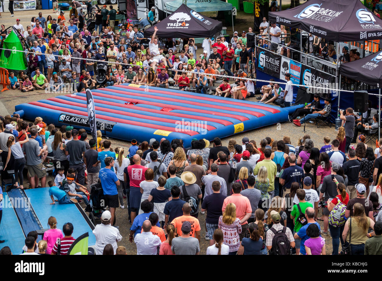 Richmond Virginia,riverfront,Dominion River waterrock,sports,outdoor lifestyle,festival,crowd,slackline,competition,visitors travel traveling tour tou Stock Photo