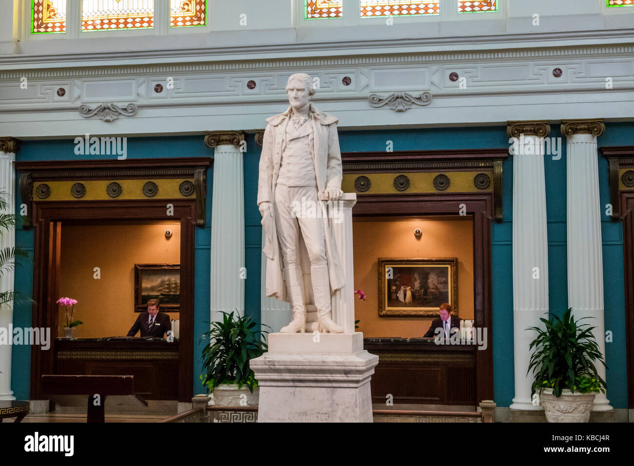 Richmond Virginia,Jefferson Hotel,historic,interior inside,hotel,luxury,five,5 star,lobby,life-sized statue,Thomas Jefferson,Edward Valentine,marble,l Stock Photo