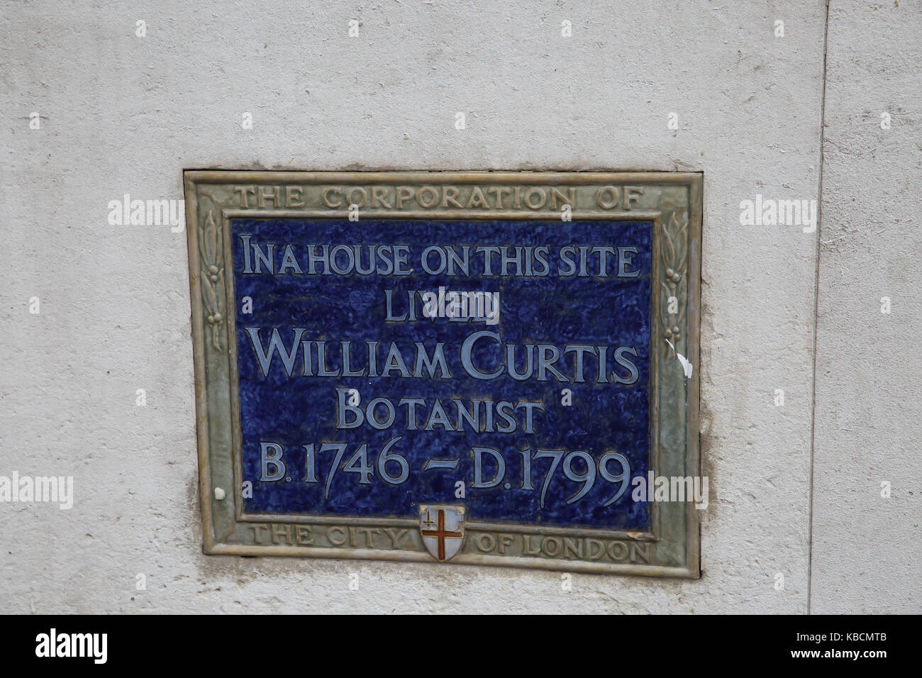 Blue wall plaque in memory of William Curtis, Botanist, in the City of London Stock Photo