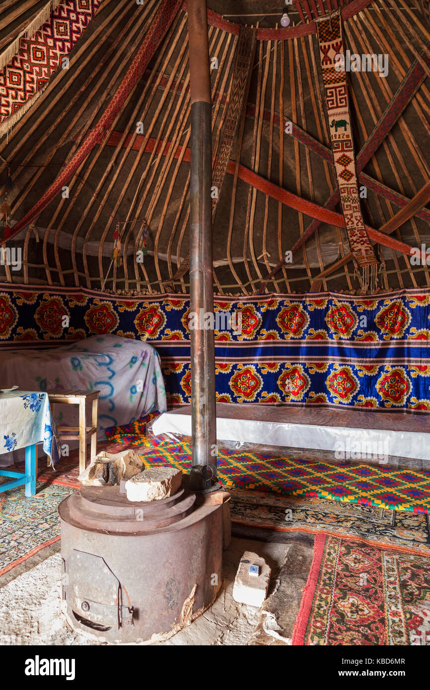Interior decoration of the yurt. Living room with stove Stock Photo